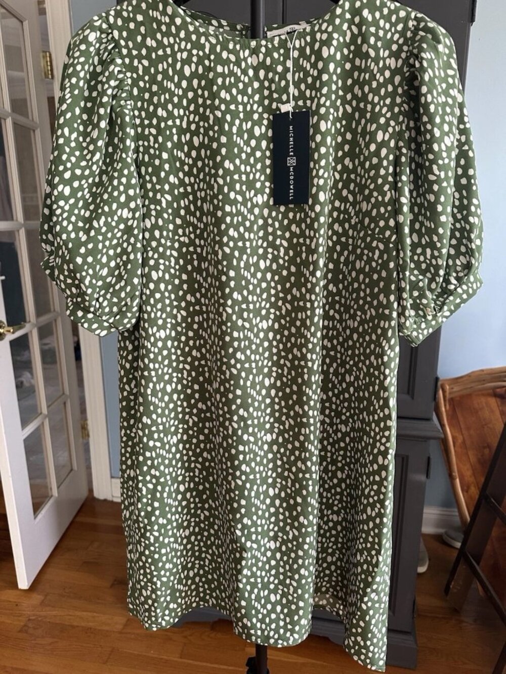 Michelle McDowell Women's Green White Polka Dot Shift Dress S Puff Sleeve Knee